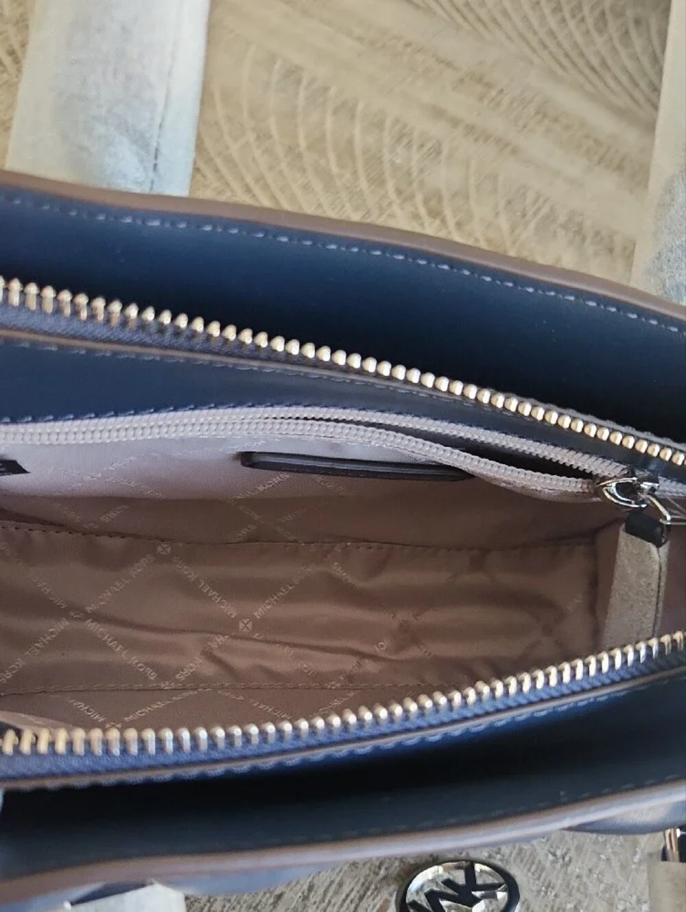 Michael Kors Navy Quilted Leather Satchel with Gold MK Charm. New!